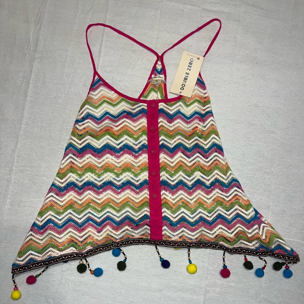 NWT Boho Knit Colorful Spring Summer Tank with Pom Poms
